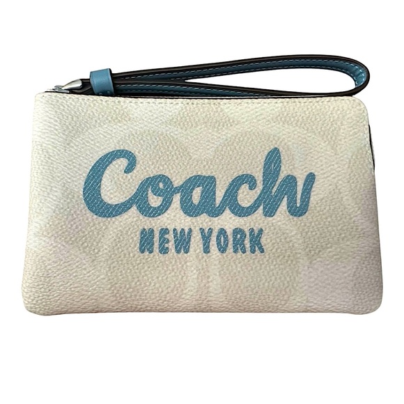 Coach L-Zip Wristlet Signature Script Canvas White Blue Gray NWT - Picture 1 of 4